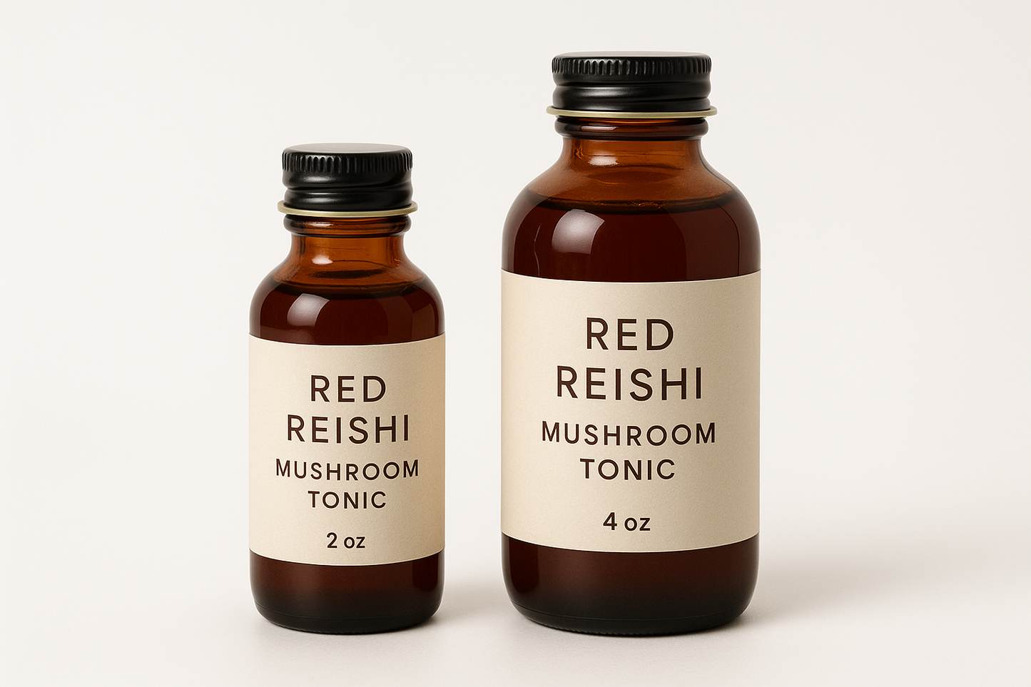 2oz and 4 oz Red Reishi mushroom Tonic in a Amber Glass bottle twist top