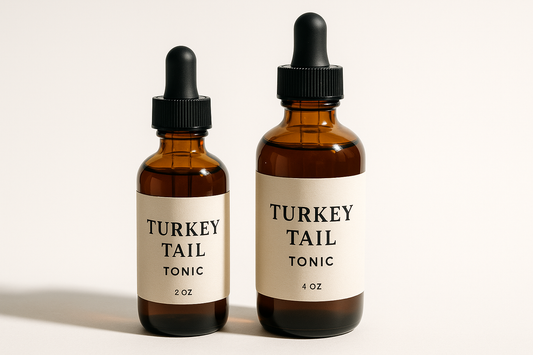 Turkey Tail Tonic in a Amber glass 2oz and 4oz bottle